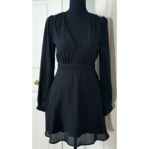 Lulus Womens Black Fit & Flare Dress Sheer long sleeve Lined Mini Sz Small